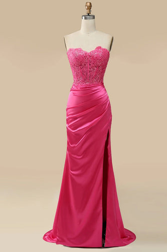 Sparkly Hot Pink Corset Long Sheath Formal Dress with Slit