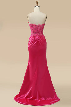 Sparkly Hot Pink Corset Long Sheath Formal Dress with Slit