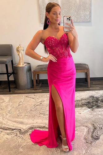 Sparkly Hot Pink Corset Long Formal Dress with Slit
