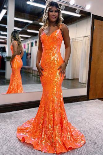 Sparkly Mermaid Orange Sequins Long Formal Dress