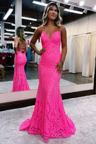 Sparkly Mermaid Backless Hot Pink Sequins Long Formal Dress