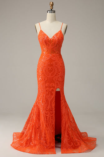 Mermaid Spaghetti Straps Orange Long Formal Dress with Slit Front