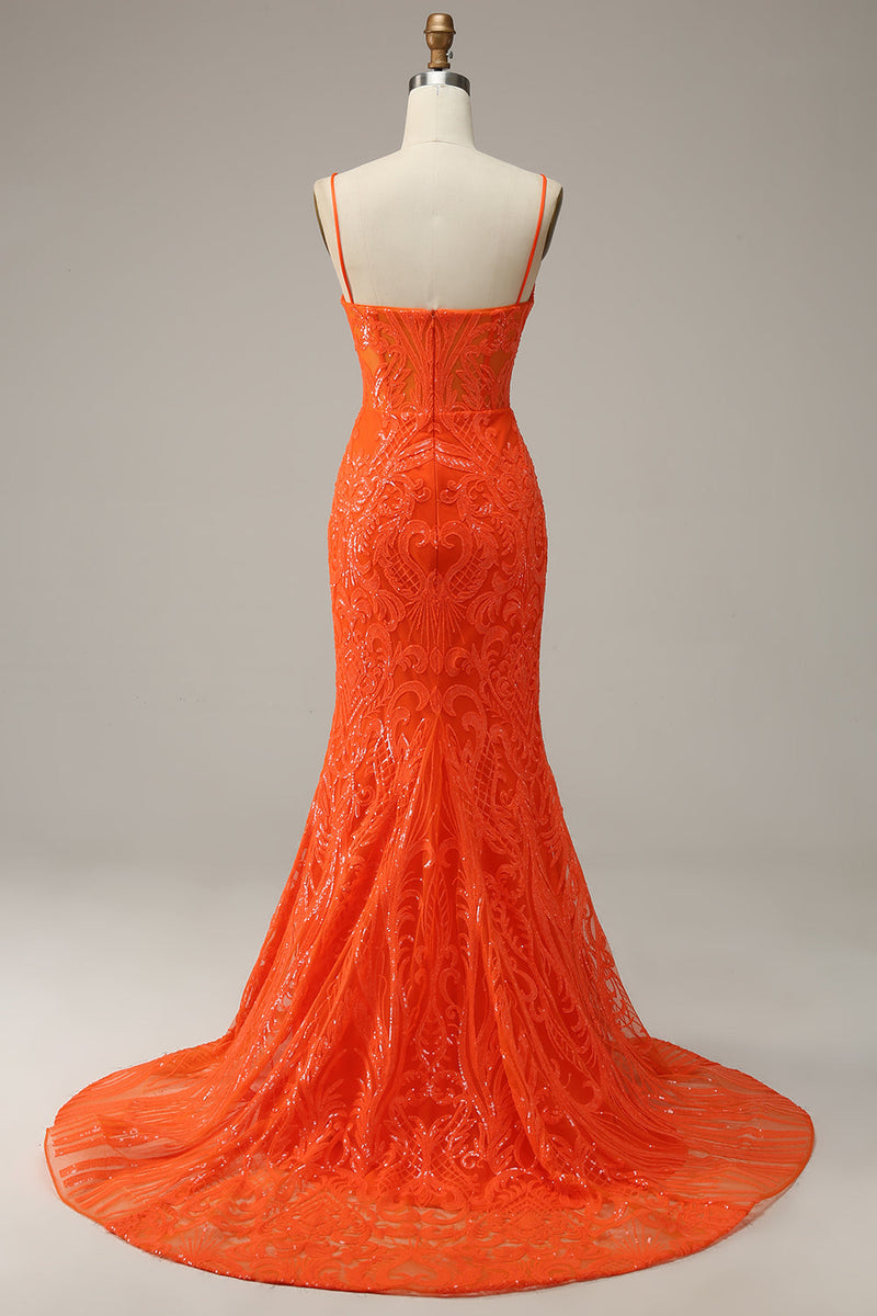 Load image into Gallery viewer, Orange Spaghetti Straps Mermaid Formal Dress