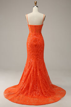Mermaid Spaghetti Straps Orange Long Formal Dress with Slit Front