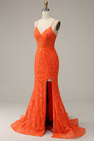Load image into Gallery viewer, Mermaid Spaghetti Straps Orange Long Formal Dress with Slit Front