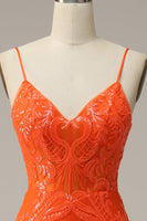 Load image into Gallery viewer, Mermaid Spaghetti Straps Orange Long Formal Dress with Slit Front