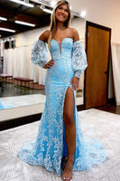 Load image into Gallery viewer, Blue Detachable Sleeves Sweetheart Lace Long Formal Dress with Slit
