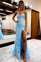 Load image into Gallery viewer, Blue Detachable Sleeves Sweetheart Lace Long Formal Dress with Slit