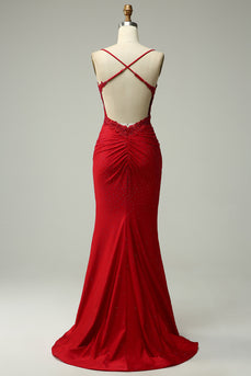 Sparkly Dark Red Beaded Long Formal Dress with Appliques