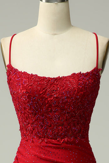 Sparkly Dark Red Beaded Long Formal Dress with Appliques