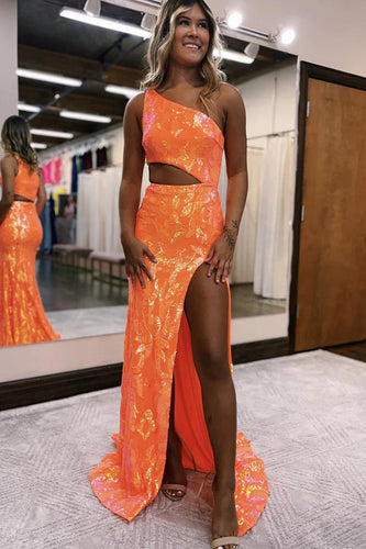 Sparkly Orange Sequin One Shoulder Long Formal Dress with Slit