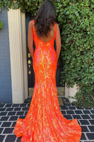 Load image into Gallery viewer, Sparkly Orange Sequin V-Neck Mermaid Long Formal Dress