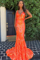 Load image into Gallery viewer, Sparkly Orange Sequin V-Neck Mermaid Long Formal Dress