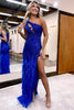 Load image into Gallery viewer, Sparkly Royal Blue One Shoulder Sequins Formal Dress with Feathers
