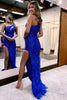 Load image into Gallery viewer, Sparkly Royal Blue One Shoulder Sequins Formal Dress with Feathers