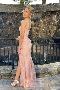 Pink Strapless Lace Long Formal Dress with Slit