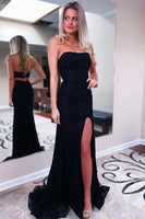 Load image into Gallery viewer, Black Sparkly Strapless Long Sheath Formal Dress with Slit