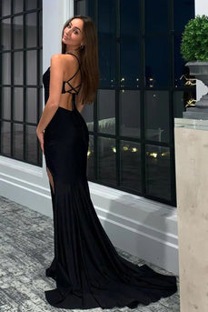 Mermaid Black Halter Long Formal Dress with Slit