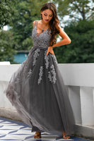 Load image into Gallery viewer, Grey Tulle Long Formal Dress with Appliques