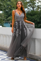 Load image into Gallery viewer, Grey Tulle Long Formal Dress with Appliques