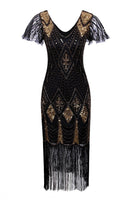 Load image into Gallery viewer, Black Sequin Fringe 1920s Dress
