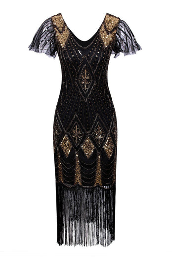 Black Sequin Fringe 1920s Dress