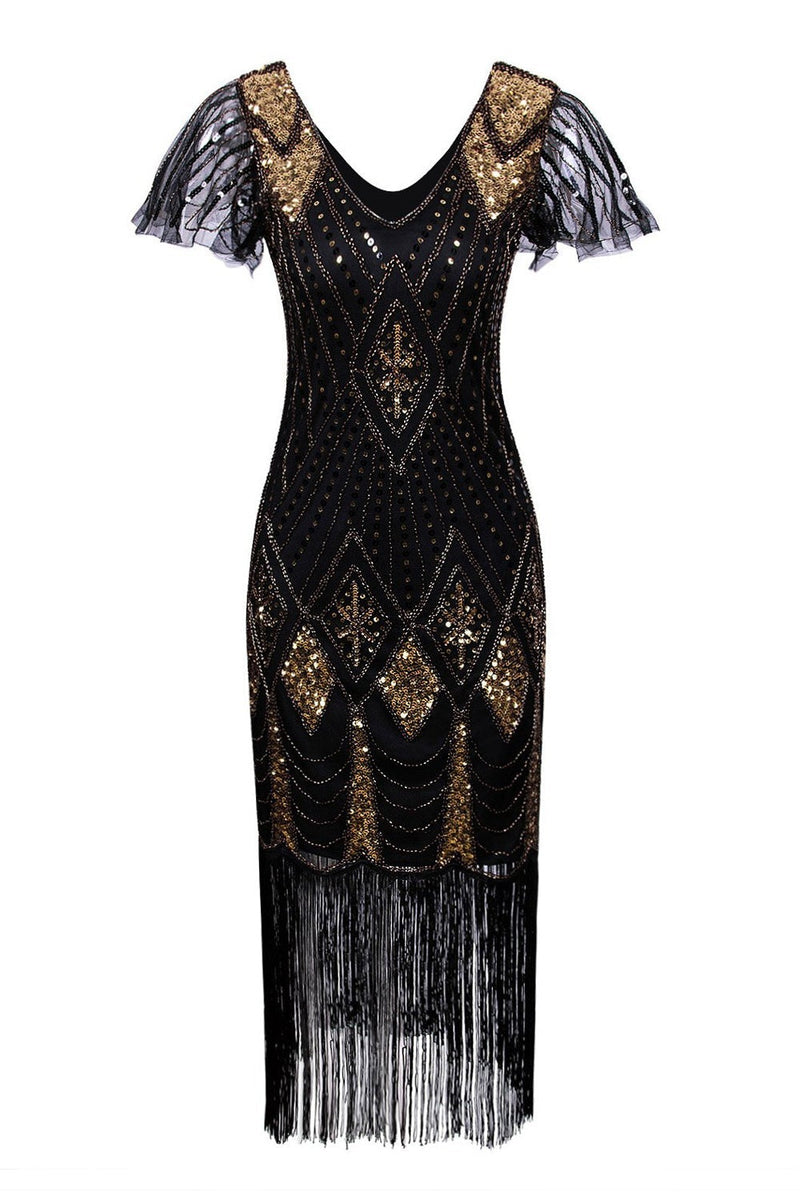 Load image into Gallery viewer, Black Sequin Fringe 1920s Dress