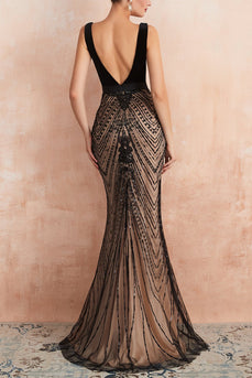 Mermaid Deep V-Neck Sequins Black Long Formal Dress