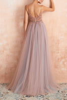 Load image into Gallery viewer, Tulle Spaghetti Straps Pink Long Formal Dress with Beading