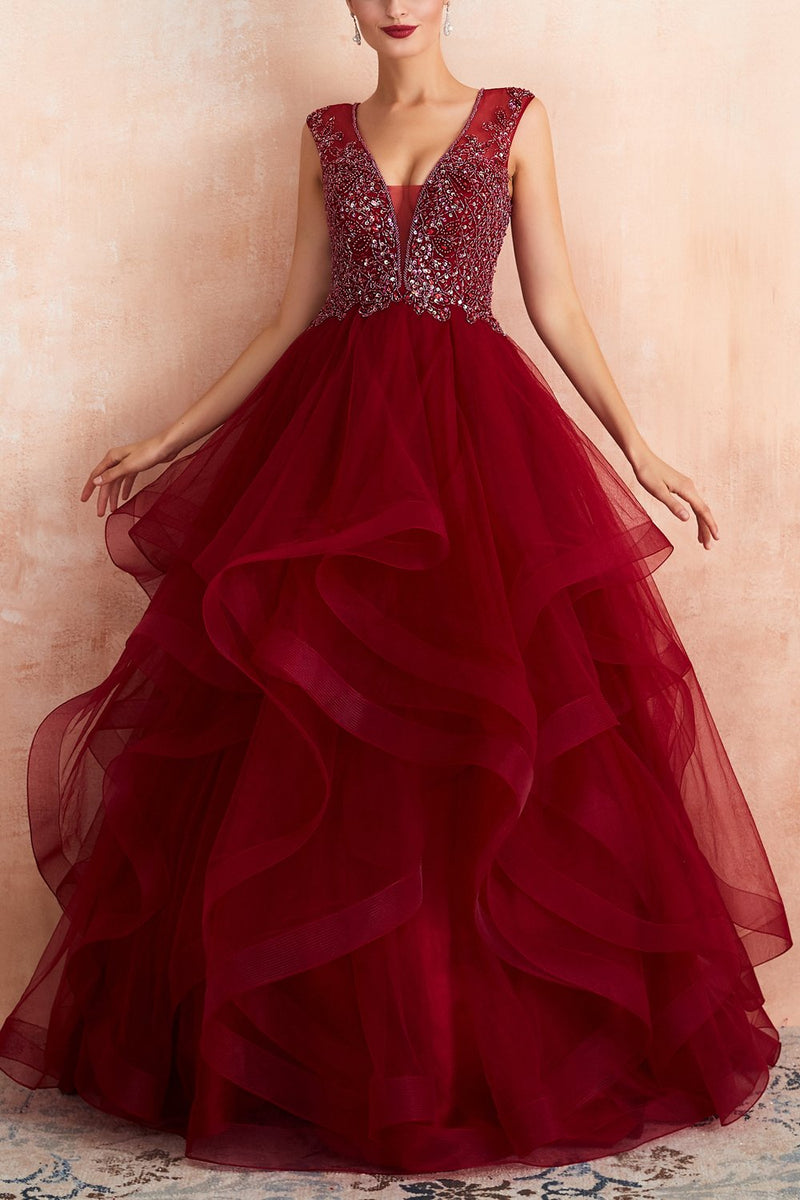 Load image into Gallery viewer, Burgundy Tulle Long Prom Dress