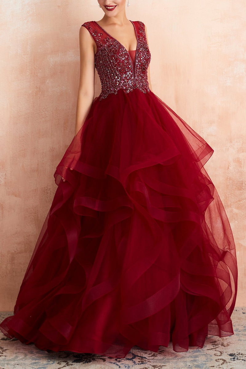 Load image into Gallery viewer, Burgundy Tulle Long Prom Dress