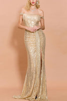 Load image into Gallery viewer, Memaid Off The Shoulder Gold Sequins Long Formal Dress