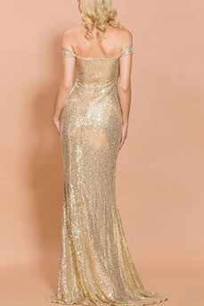 Memaid Off The Shoulder Gold Sequins Long Formal Dress