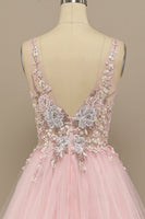 Load image into Gallery viewer, A-Line Deep V-Neck Pink Formal Dress with Appliques