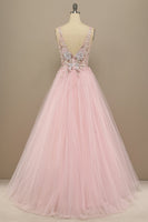 Load image into Gallery viewer, A-Line Deep V-Neck Pink Formal Dress with Appliques