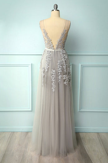 A-Line Grey Long Formal Dress with Appliques