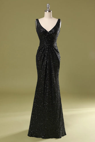 V-Neck Black Sequins Long Formal Dress
