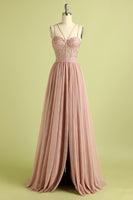 Load image into Gallery viewer, Pink Split Front Spaghetti Straps Corset Formal Dress with Beading