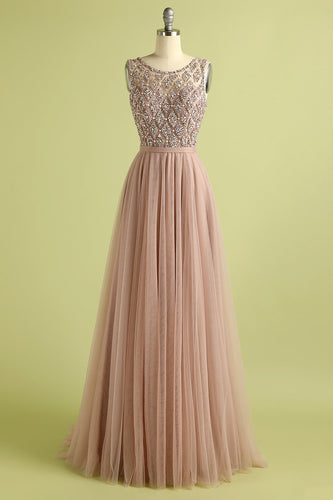 Tulle Pink Long Formal Dress with Beading