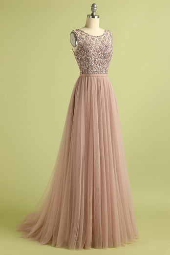 Tulle Pink Long Formal Dress with Beading