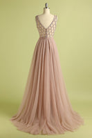 Load image into Gallery viewer, Tulle Pink Long Formal Dress with Beading