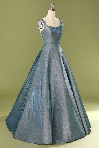 Glitter Blue Open Back Long Formal Dress
