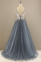 Load image into Gallery viewer, A-Line Deep V-Neck Pink Formal Dress with Appliques