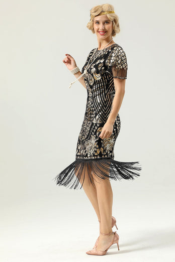 Black and Gold Sequin 1920 Dress with Batwing Sleeves