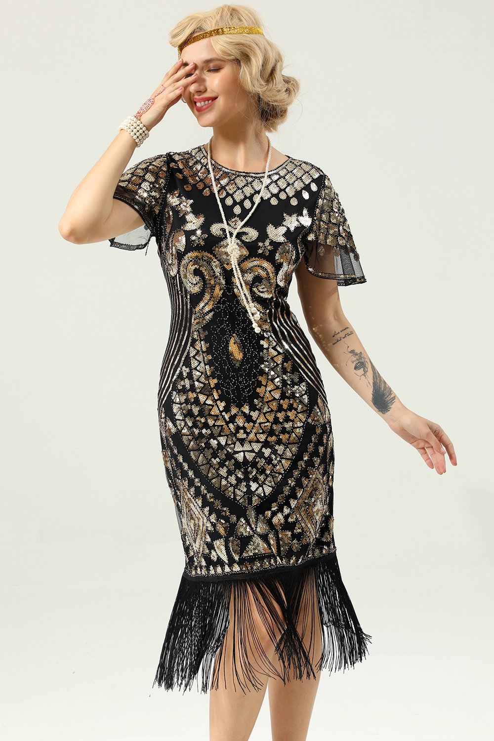 Black and Gold Sequin 1920 Dress with Batwing Sleeves