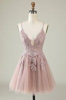 Load image into Gallery viewer, A Line Spaghetti Straps Blush Short Formal Dress with Criss Cross Back