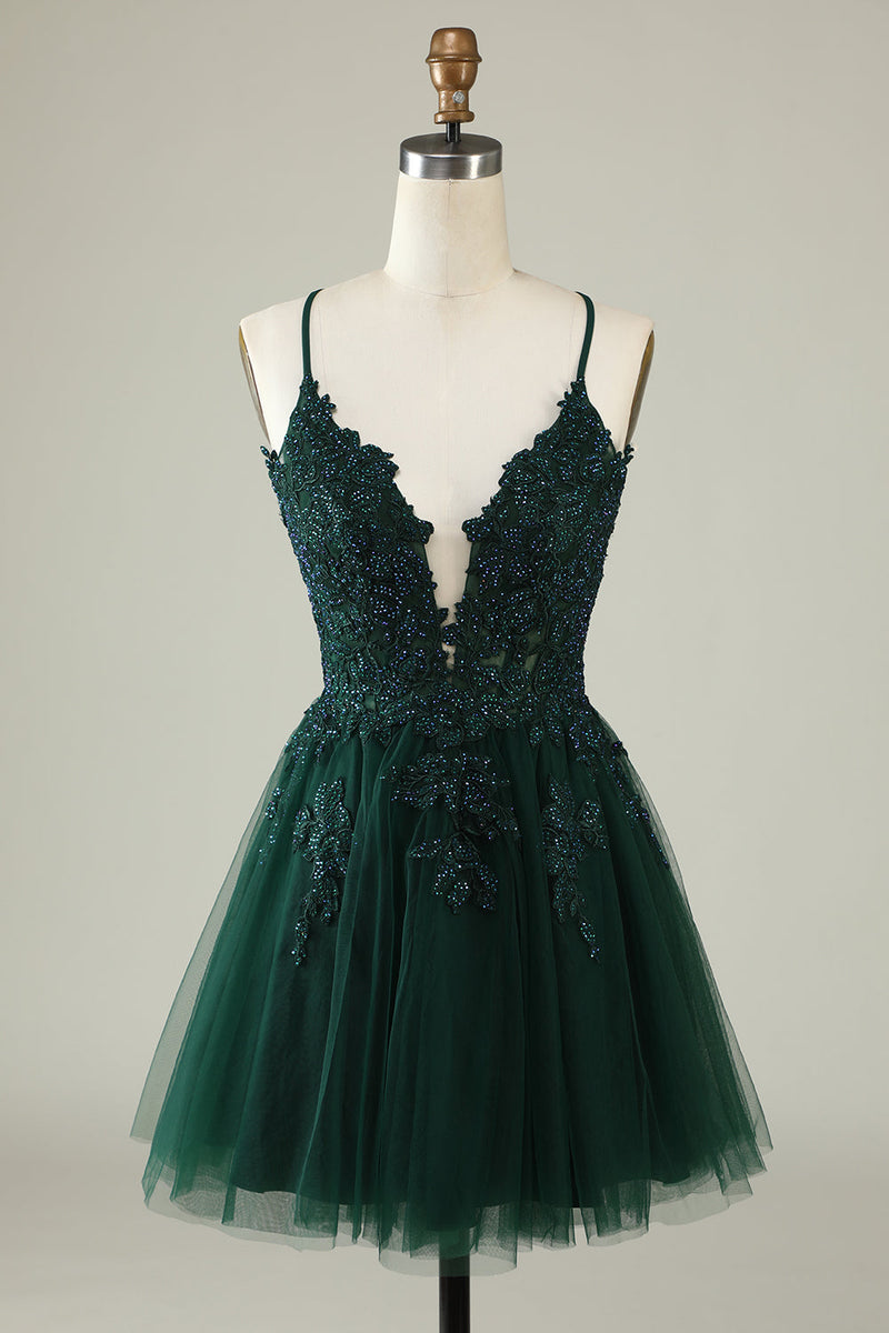 Load image into Gallery viewer, A Line Spaghetti Straps Dark Green Short Formal Dress with Appliques