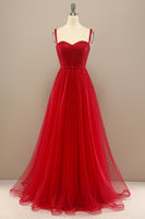 Load image into Gallery viewer, A-Line Tulle Spaghetti Straps Red Long Formal Dress