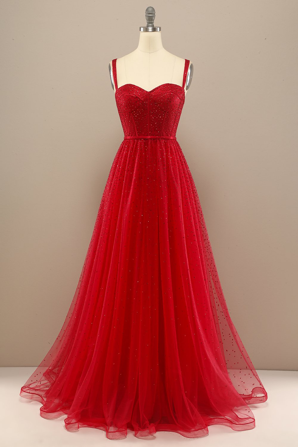 A-Line Tulle Spaghetti Straps Red Long Formal Dress