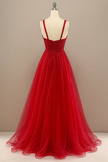 A-Line Tulle Spaghetti Straps Red Long Formal Dress